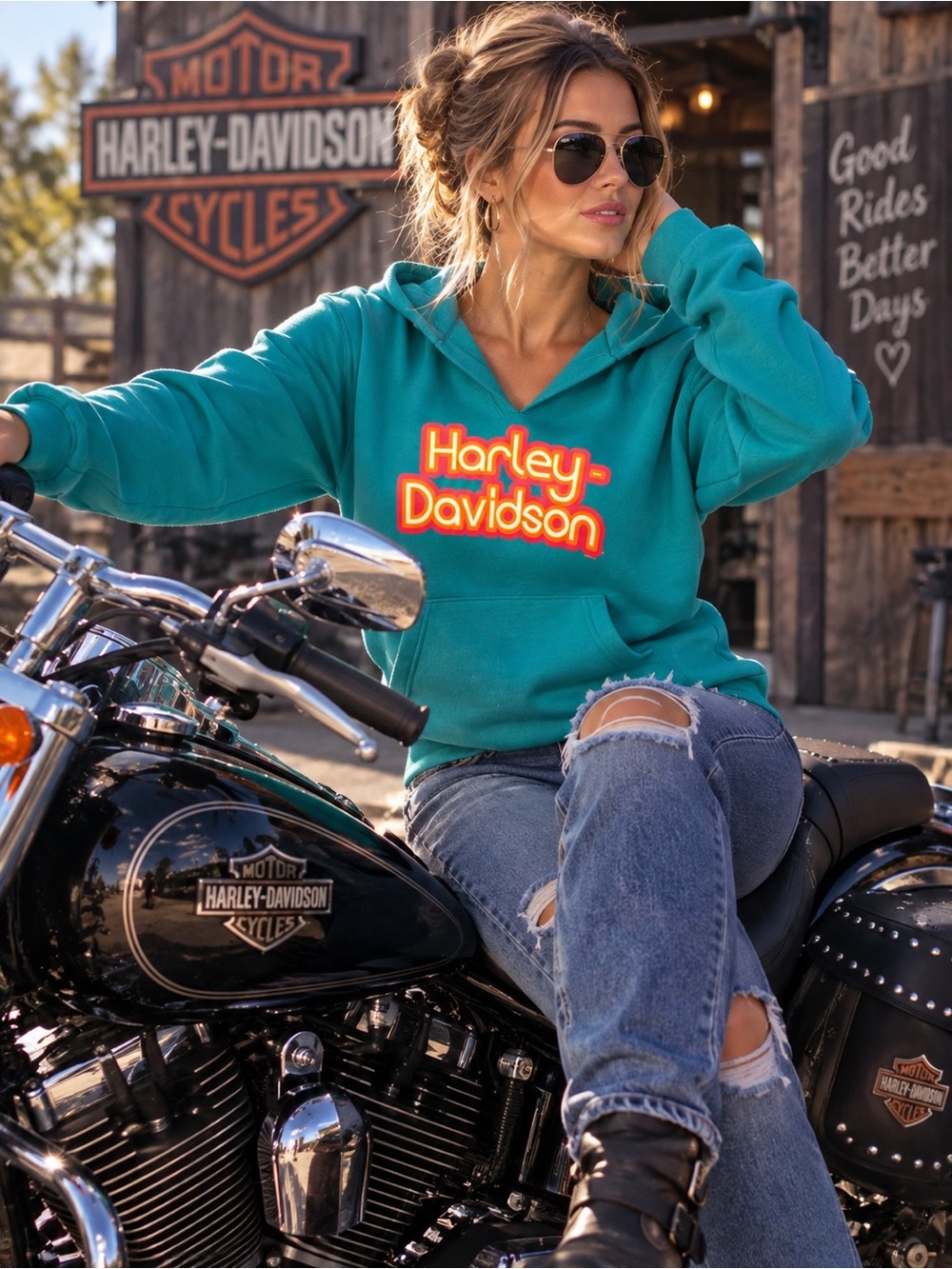 Harley-Davidson Teal V-Neck Hooded Sweater with Orange & Yellow Logo